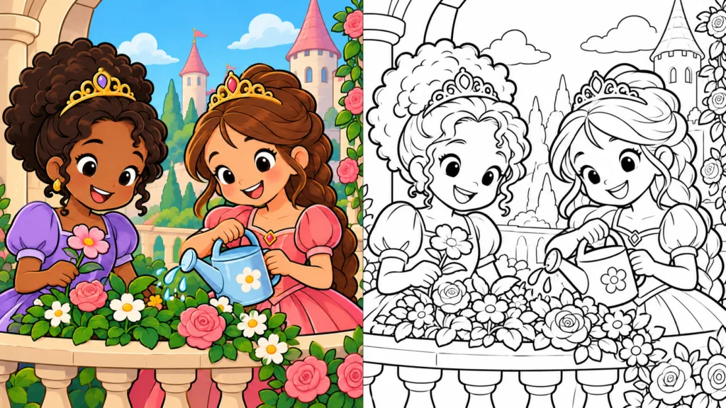 Two princesses tending flowers in colored and outline versions
