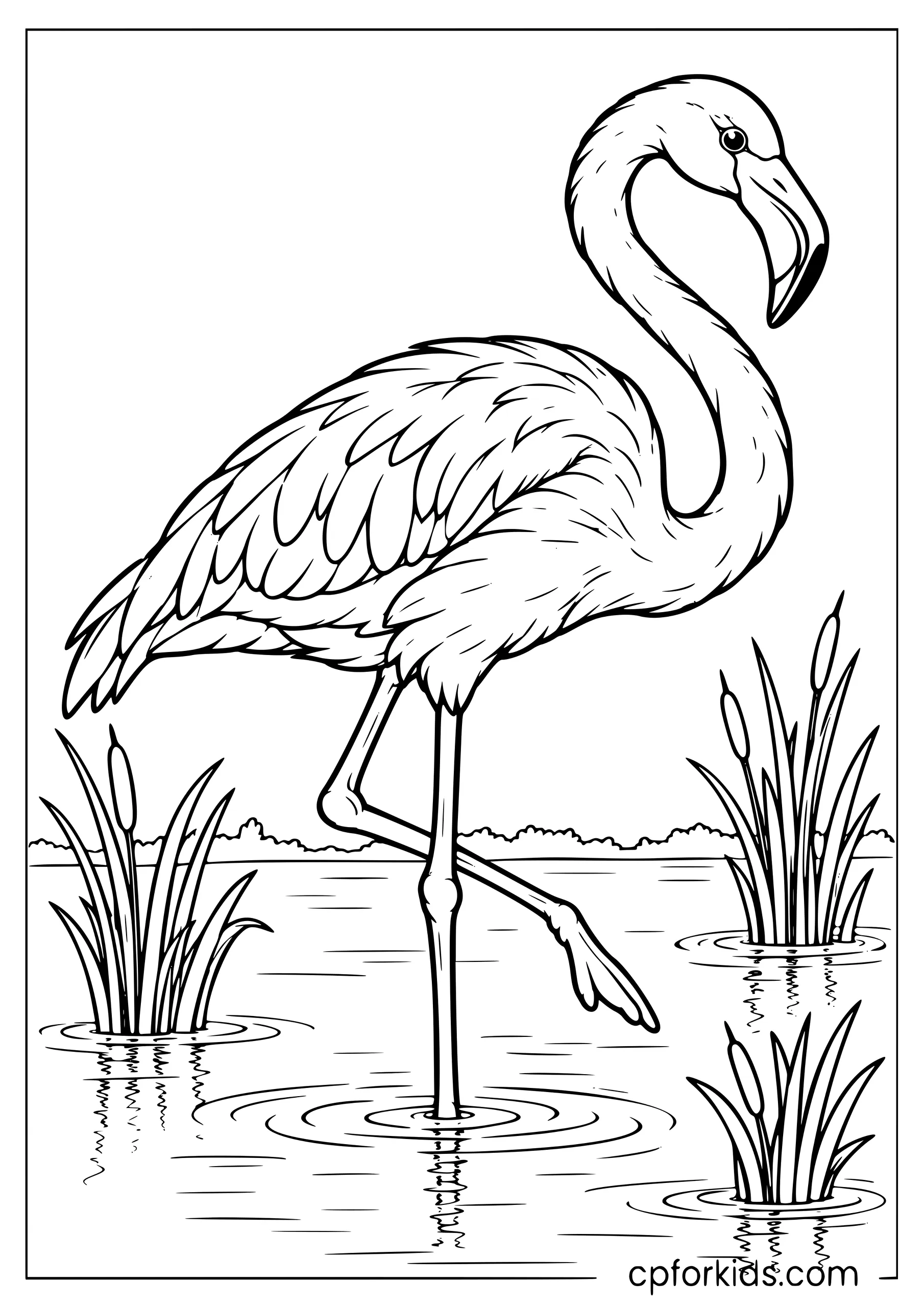Realistic flamingo wading through a shallow lagoon with reeds