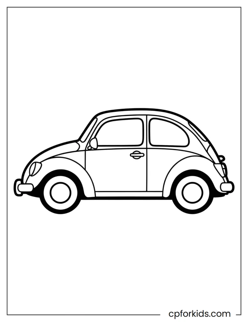 Simple retro compact car (Beetle-like shape, non-branded) coloring page.