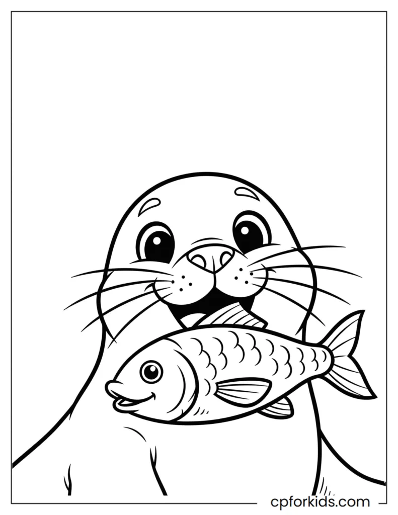 Close-up of a happy seal holding a fish in its mouth, focusing on the eyes and whiskers, mid-detail.