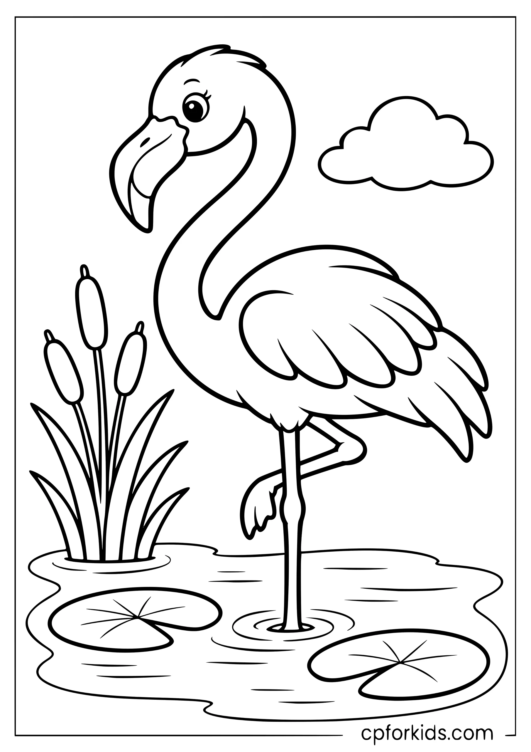 Simple flamingo standing by a small pond with lily pads