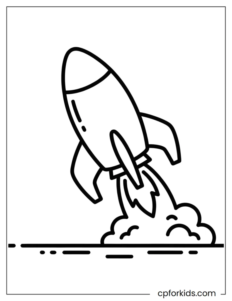 Easy simple rocket ship coloring page taking off.