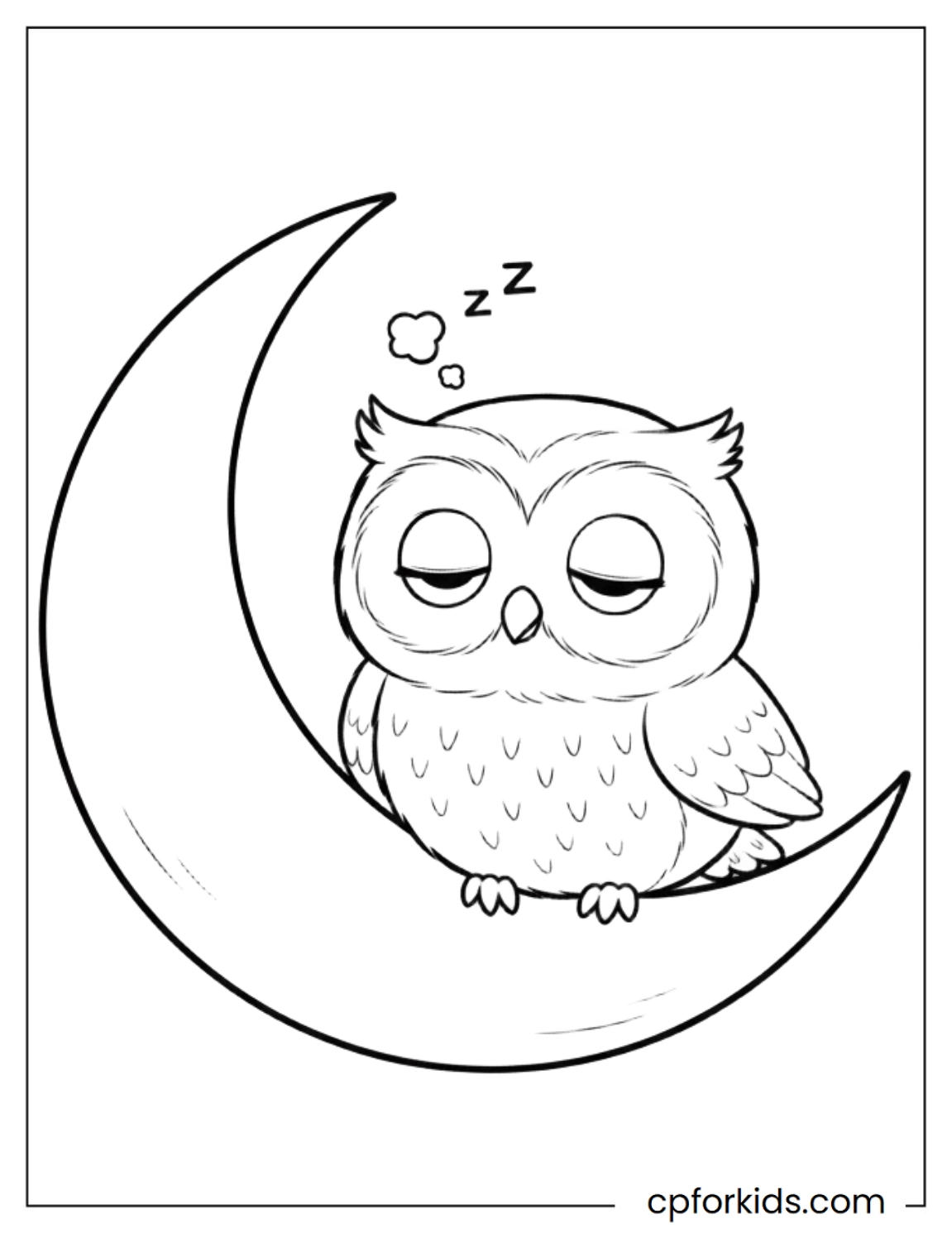 Sleepy owl resting on a crescent moon