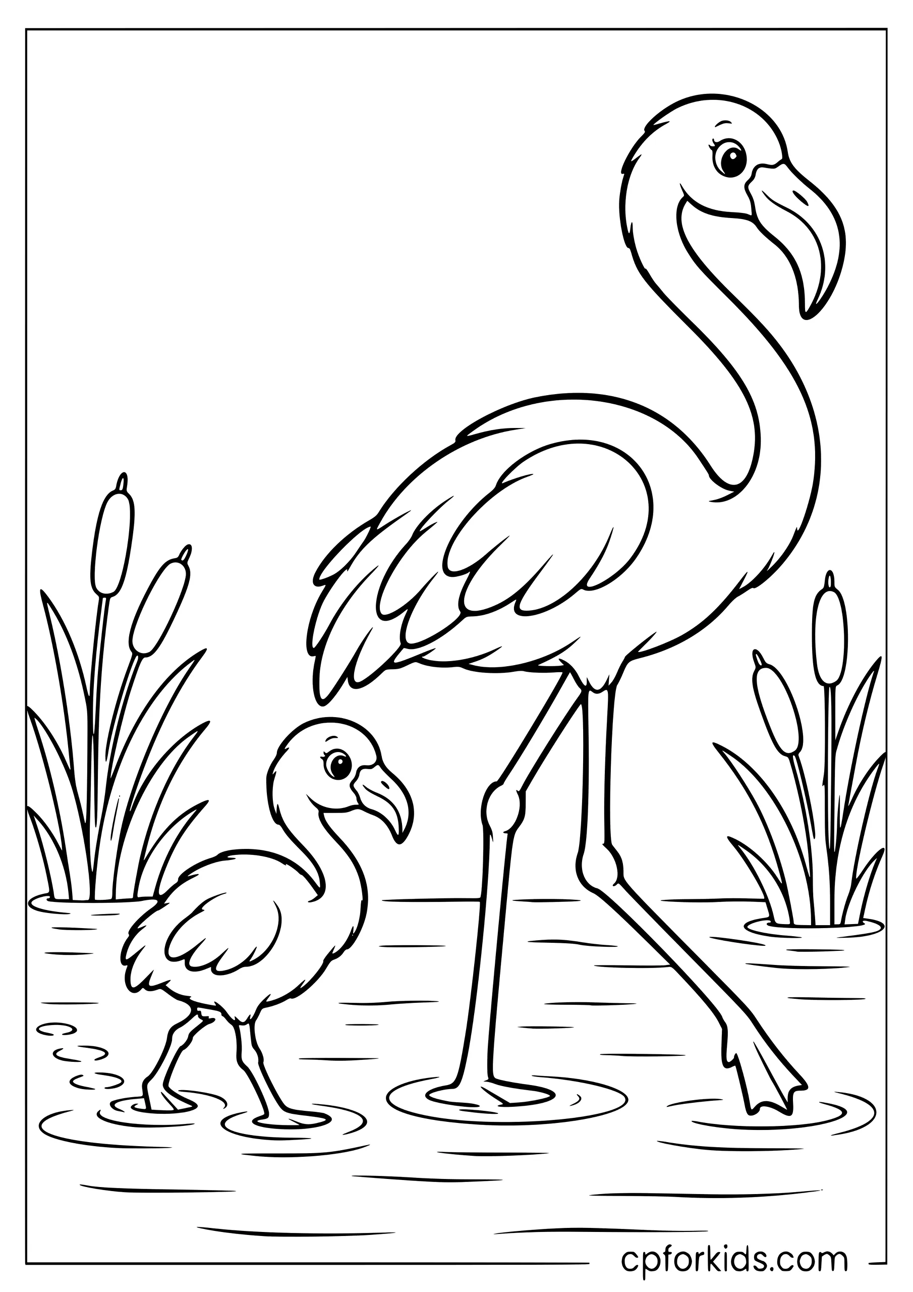 Small baby flamingo following an adult through shallow water