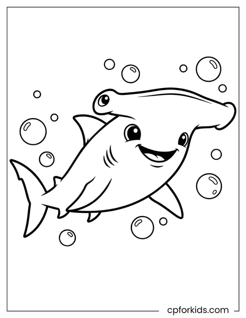 Smiling Hammerhead Shark coloring sheet for kids, happy and simple cartoon design