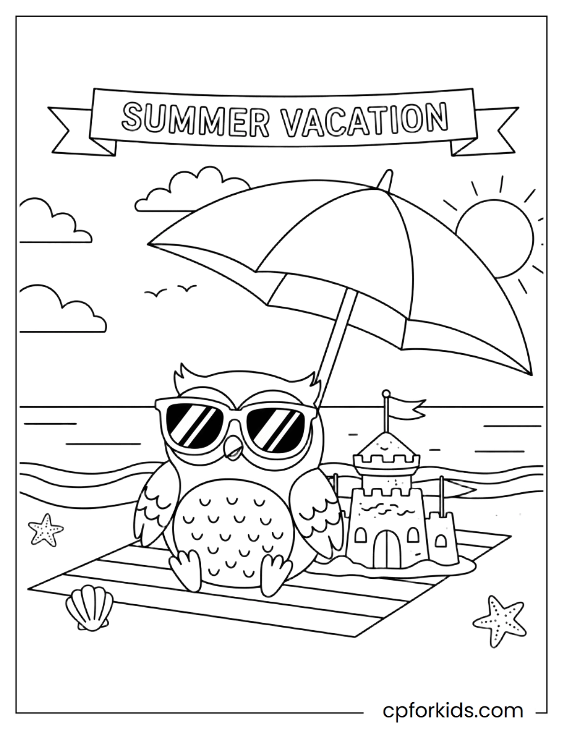 Owl wearing sunglasses on beach towel