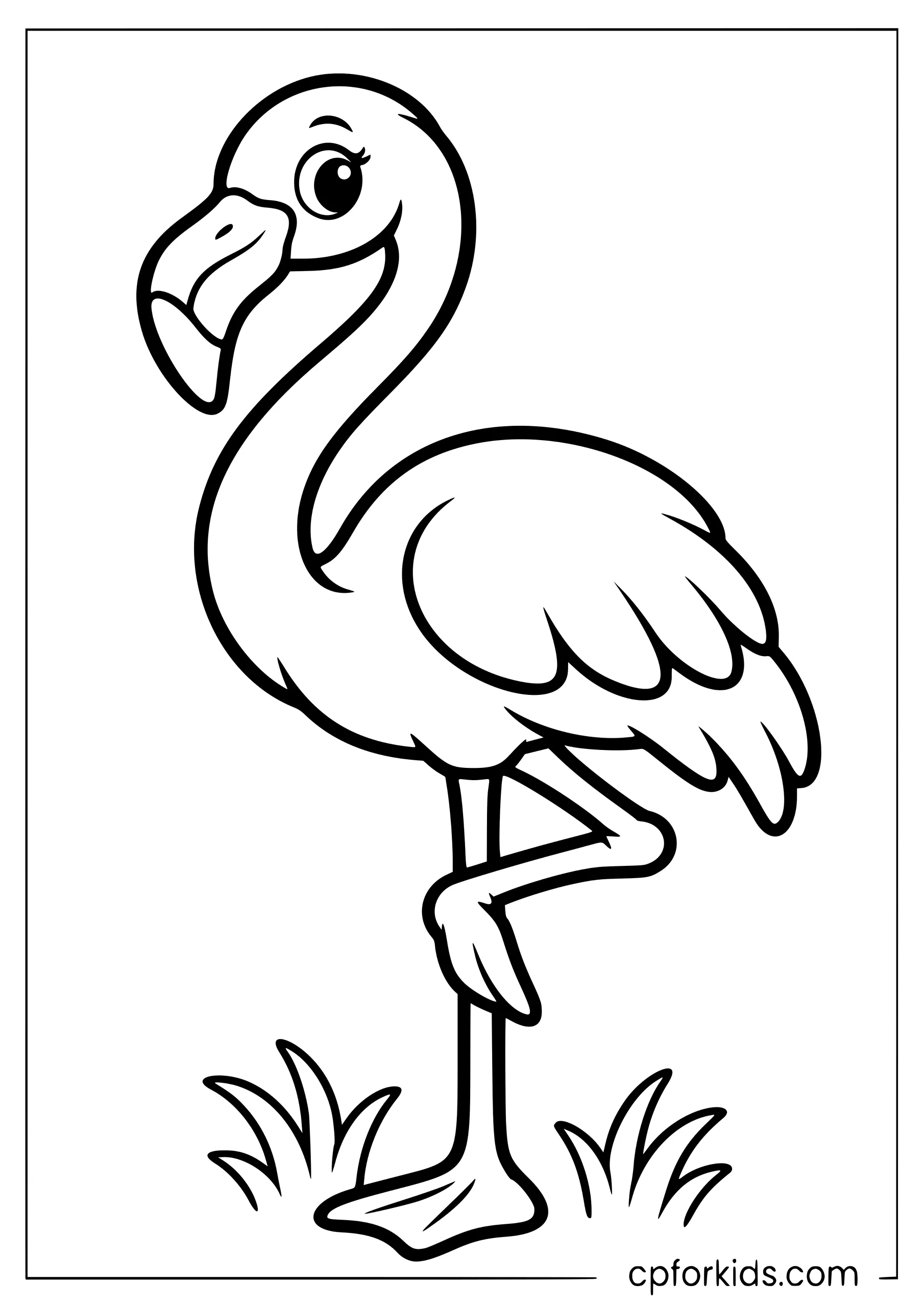 Large flamingo with thick outlines standing by two grass tufts