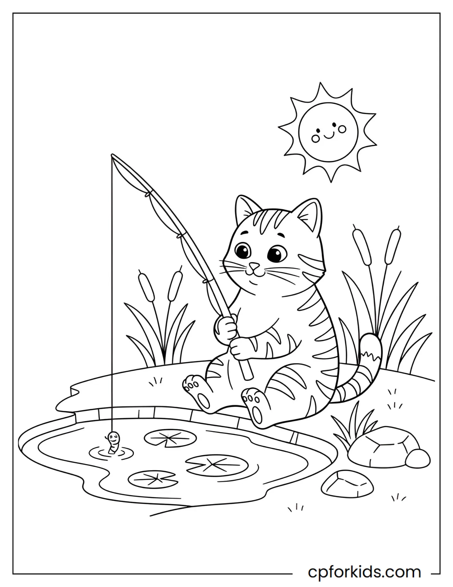 Tabby Cat Fishing by a Pond