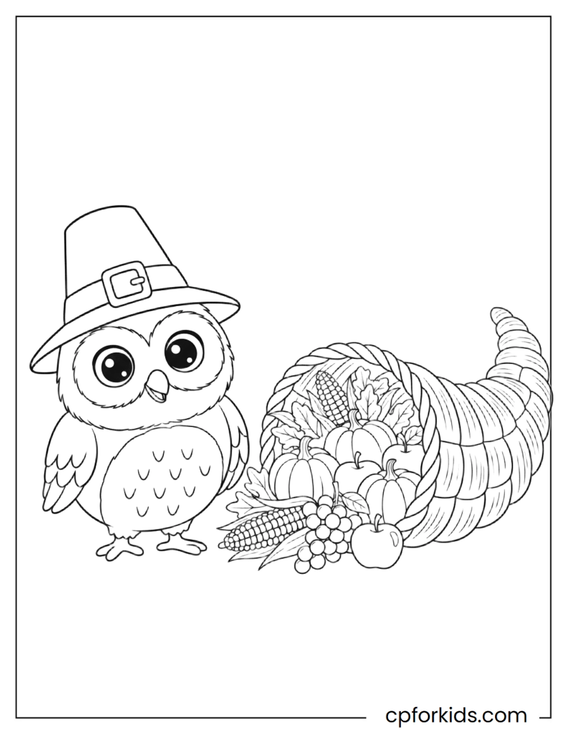 Owl wearing pilgrim hat beside cornucopia