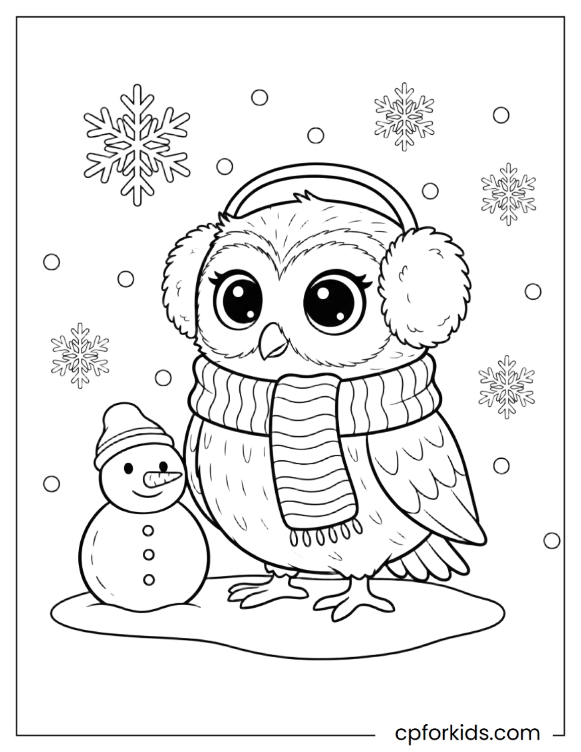 Owl wearing scarf beside snowman