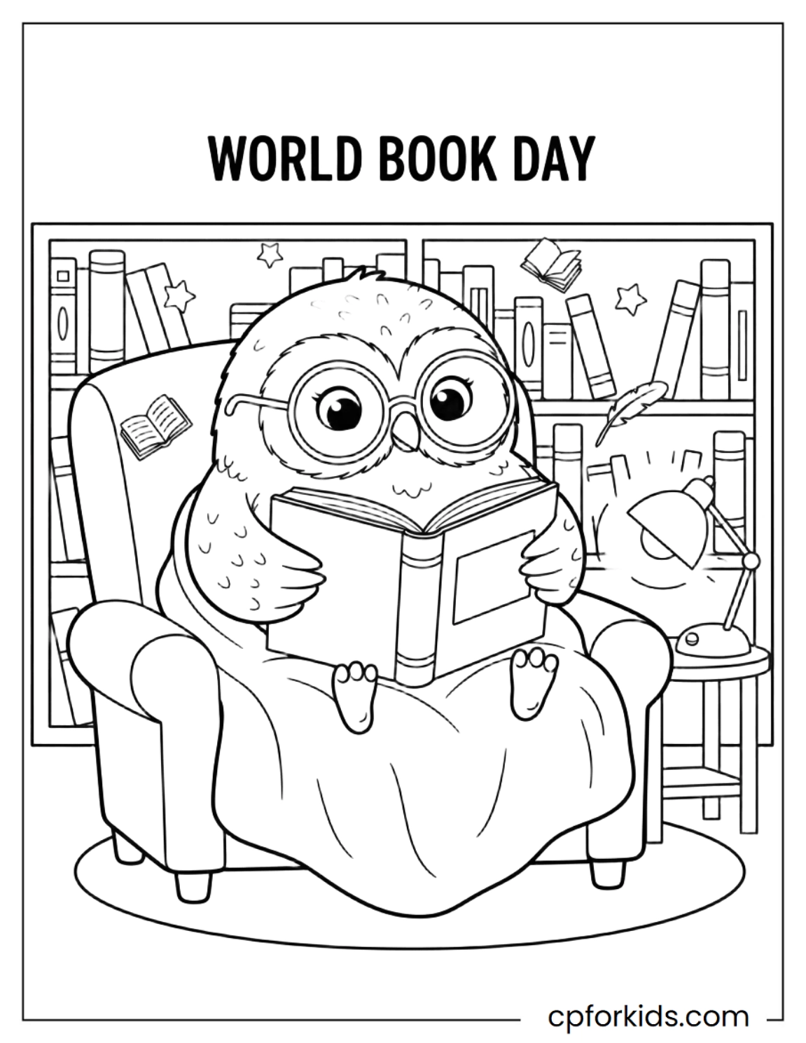 Owl reading giant book beside lamp