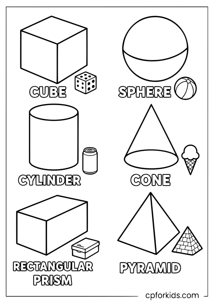 3D shapes coloring page with cube cone sphere cylinder and pyramid labeled for kids