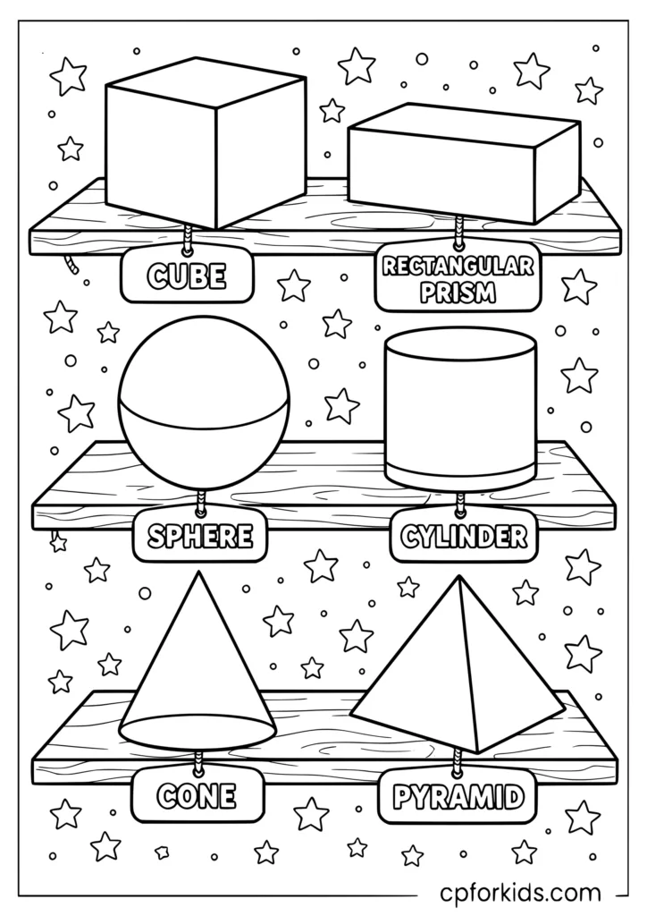 3D shapes shelf scene coloring page with cube cone cylinder and sphere displayed on shelves for kids