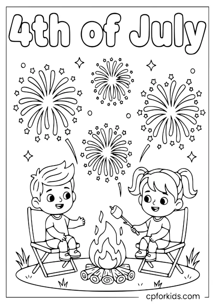 Playful 4th of July text with a campfire and fireworks in the background
