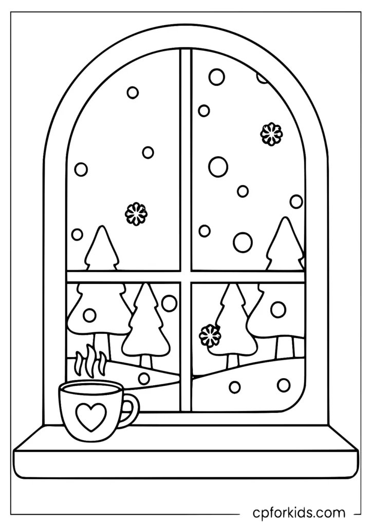 Aesthetic cozy winter window scene coloring page