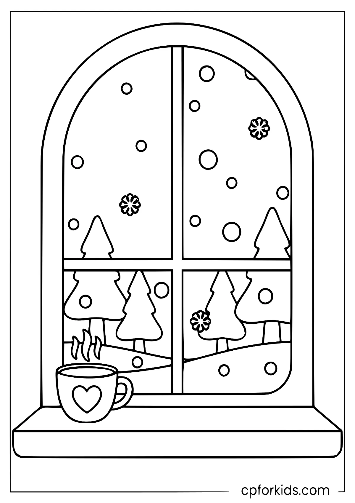 Cozy window looking out at falling snow