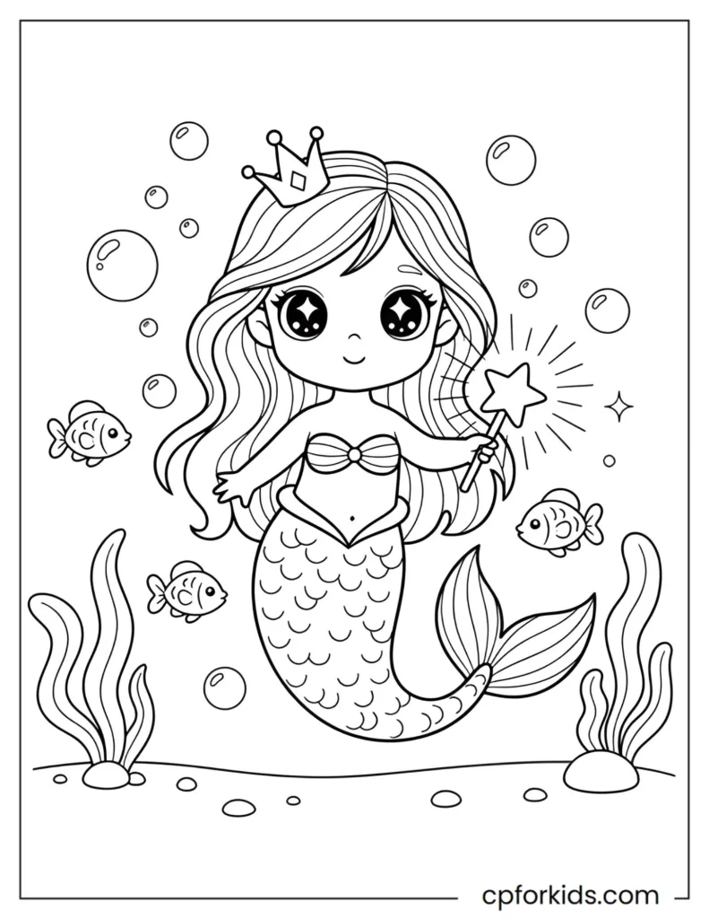 Cute baby mermaid princess with big sparkling eyes holding a glowing star wand, gentle flowing tail, and tiny fish, line-art coloring page for kids