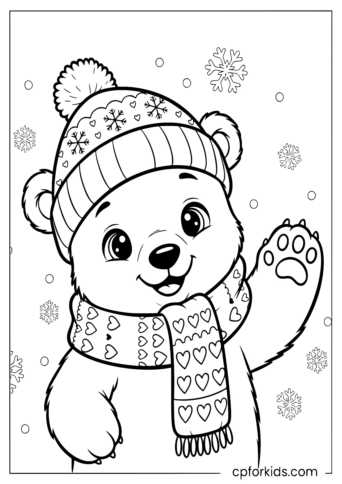 Baby polar bear wearing a hat and scarf