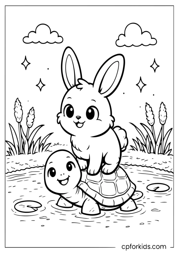 Baby Rabbit Riding On A Turtle Back Coloring Page