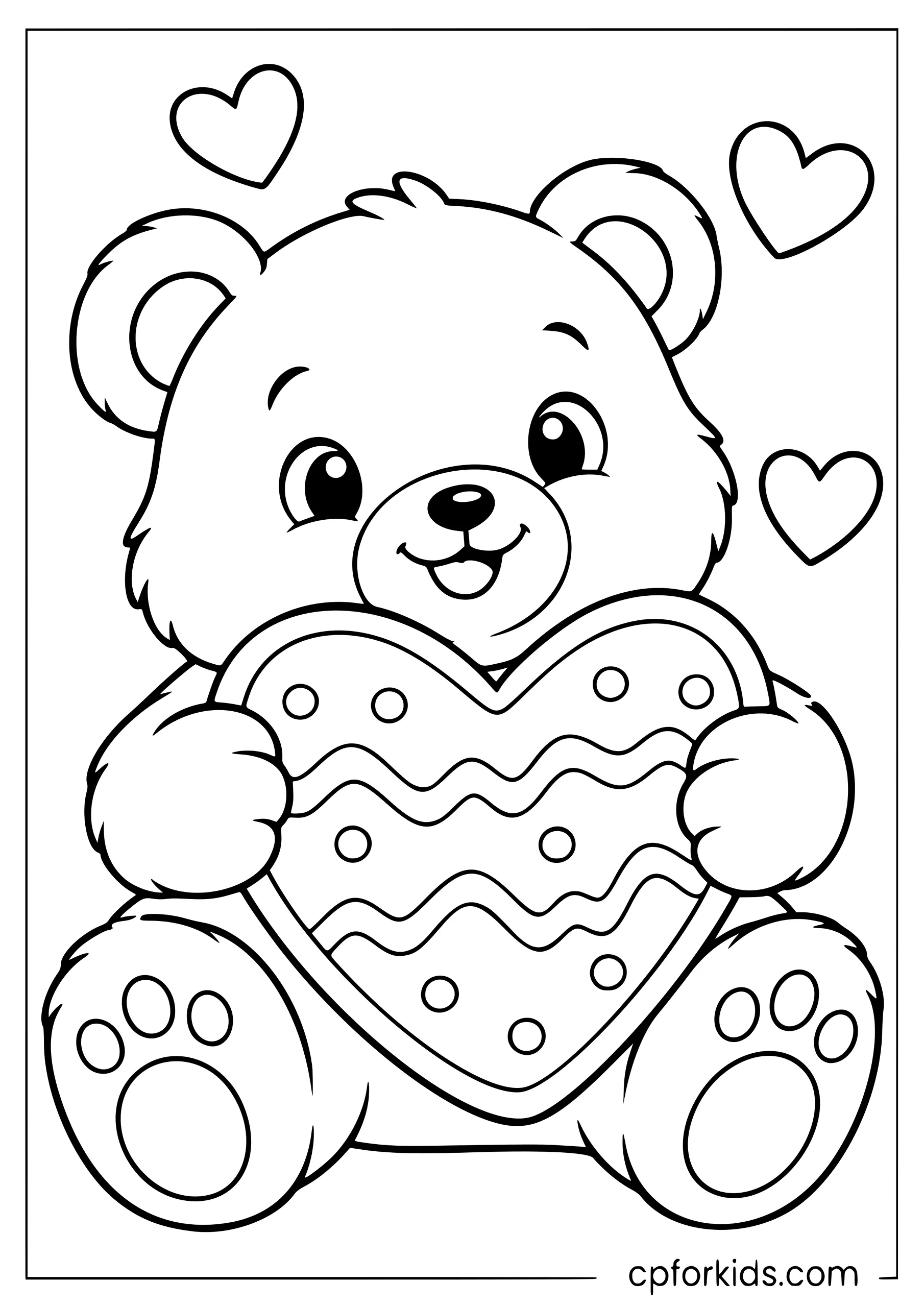 Round bear holding a large heart-shaped cookie
