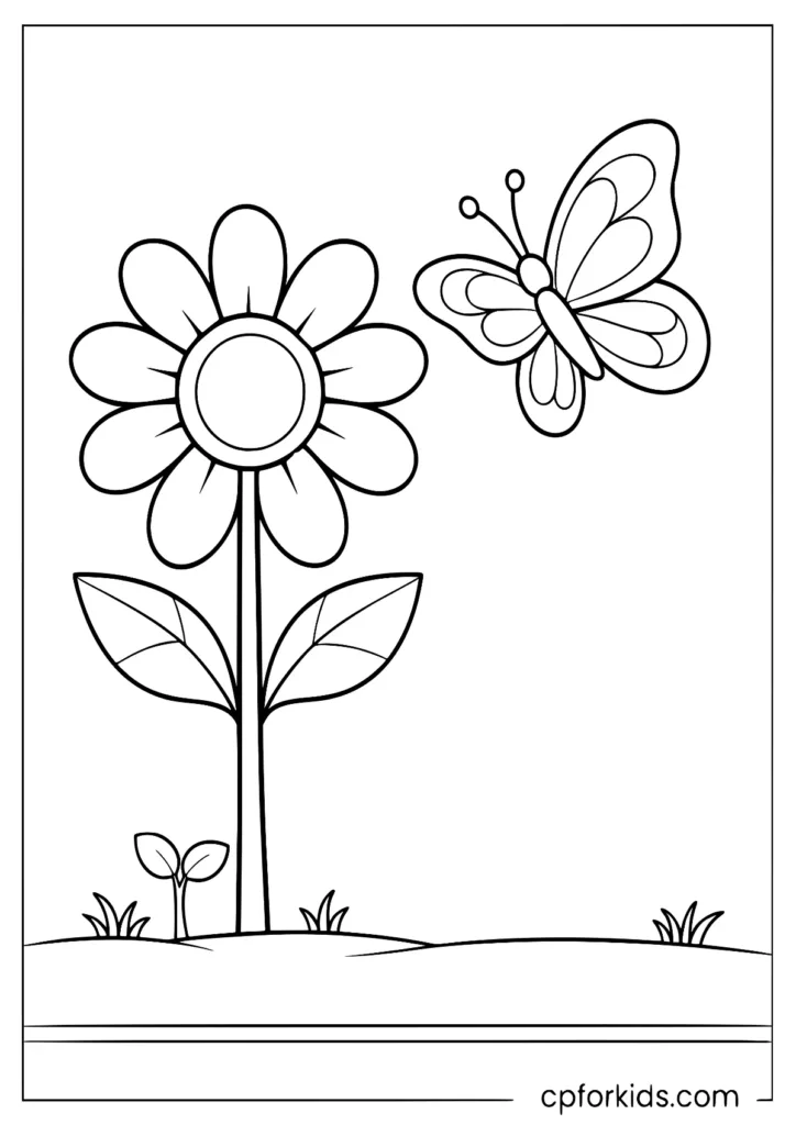 Big Flower With One Large Butterfly Coloring Page