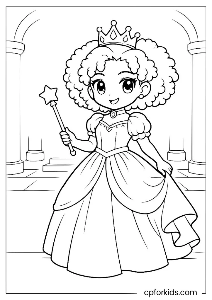 Anime Black princess in a fantasy dress holding a wand mid-pose