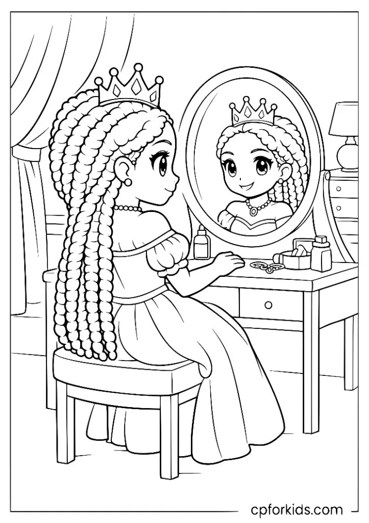 Black princess with braids doing her nails at a royal vanity table