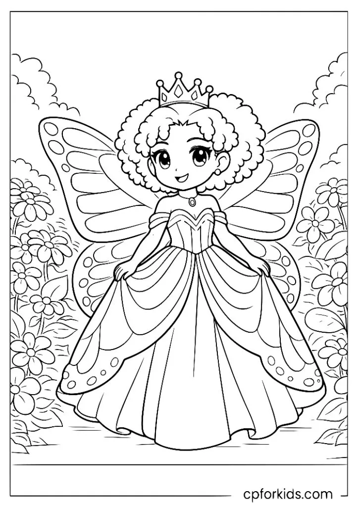 Black princess in a garden with a gown shaped like butterfly wings