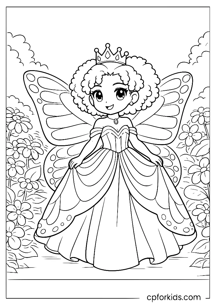 Princess in a garden wearing a butterfly-wing gown