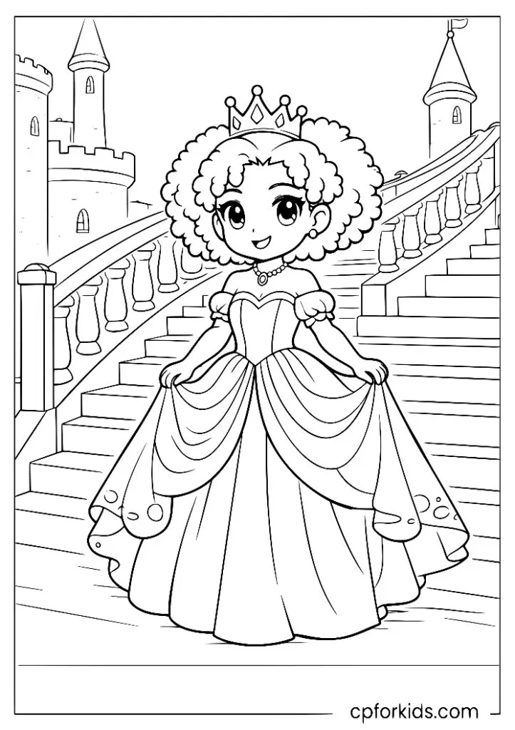 Black princess with big curly hair descending a grand castle staircase
