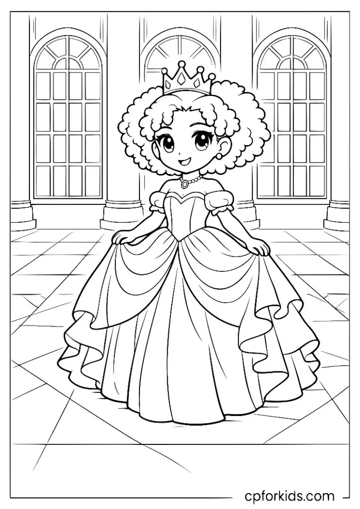 Black princess in a ball gown standing at the center of a grand ballroom