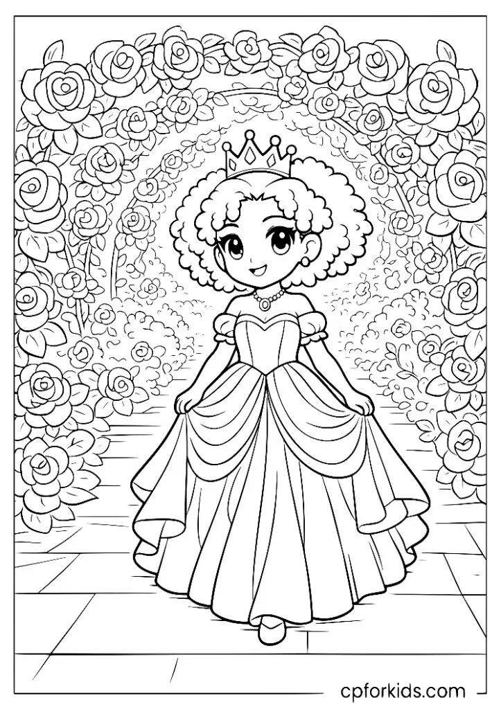Black princess walking through an arched tunnel covered in roses