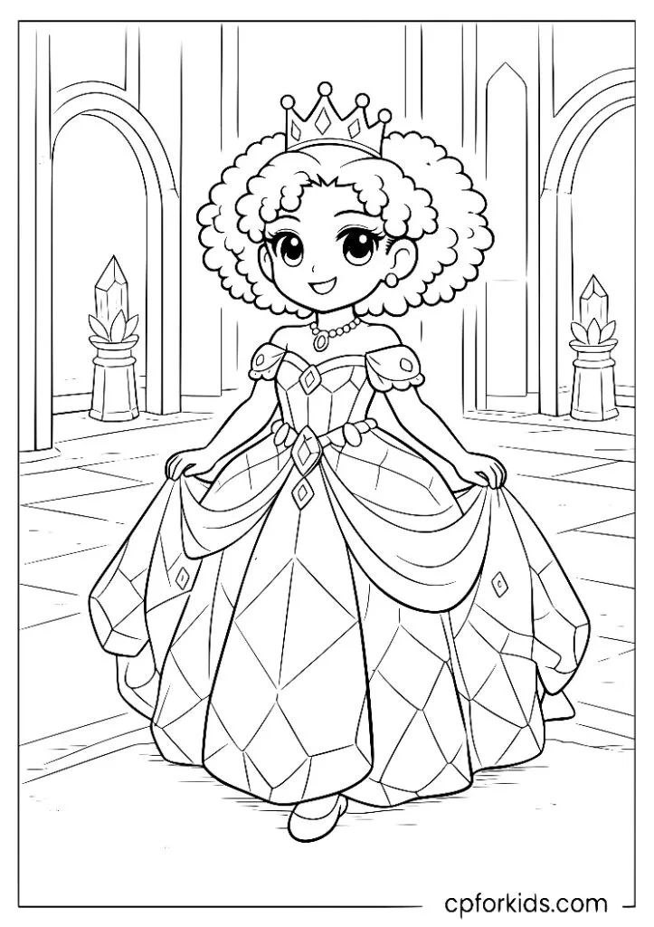 Black princess in a fantasy gown decorated with jewel-like shapes