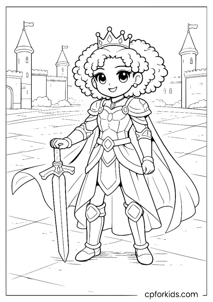 Black princess in fantasy knight armor holding a sword
