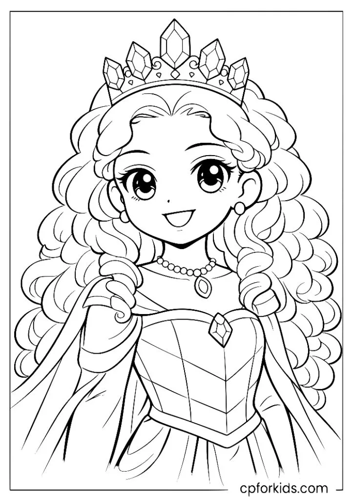 Black princess with long spiral curls wearing a delicate crown in a portrait pose