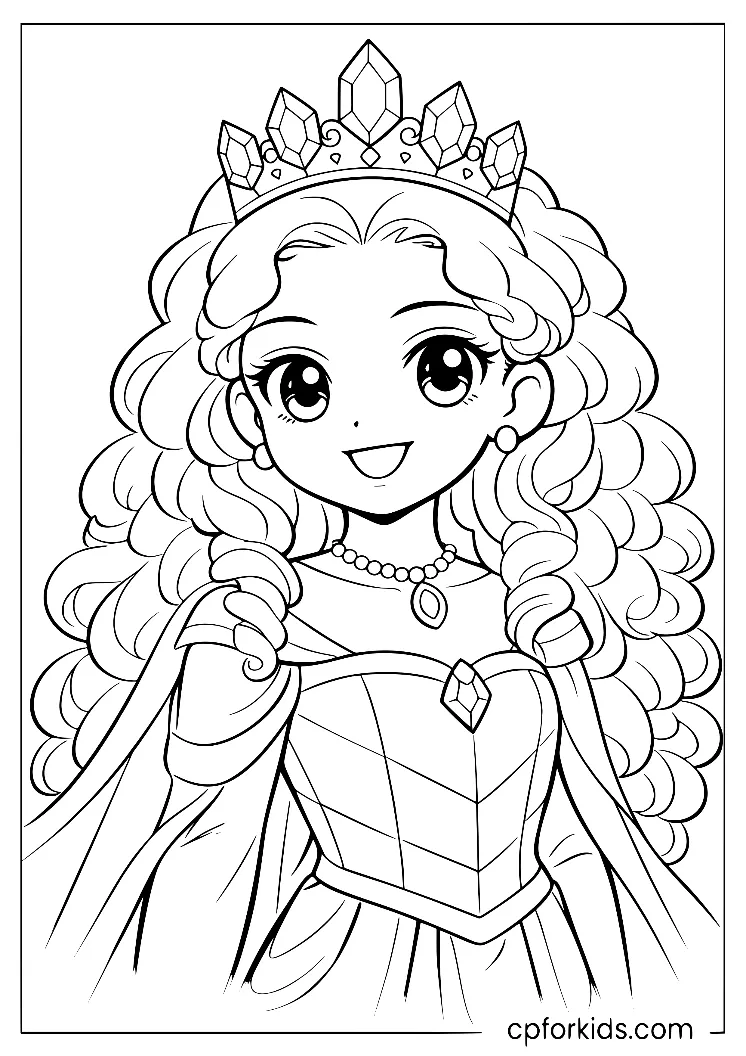 Black princess with long spiral curls wearing a delicate crown