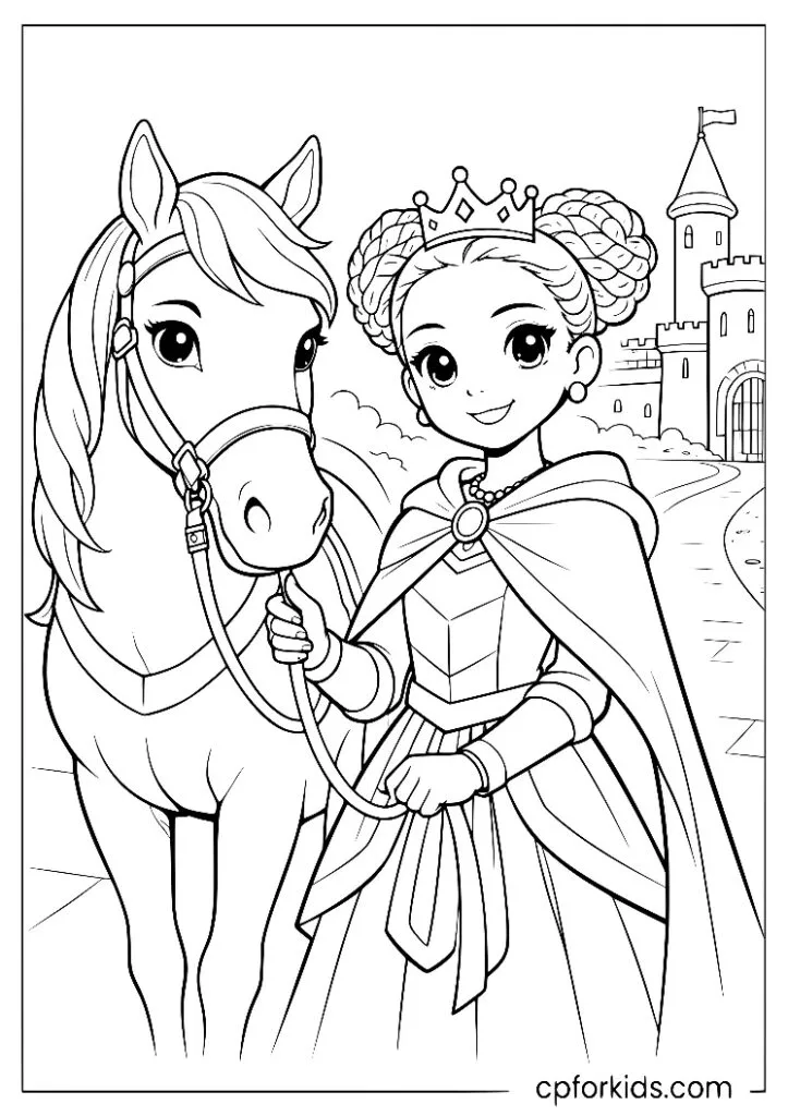 Black princess in a flowing medieval cape standing beside her horse