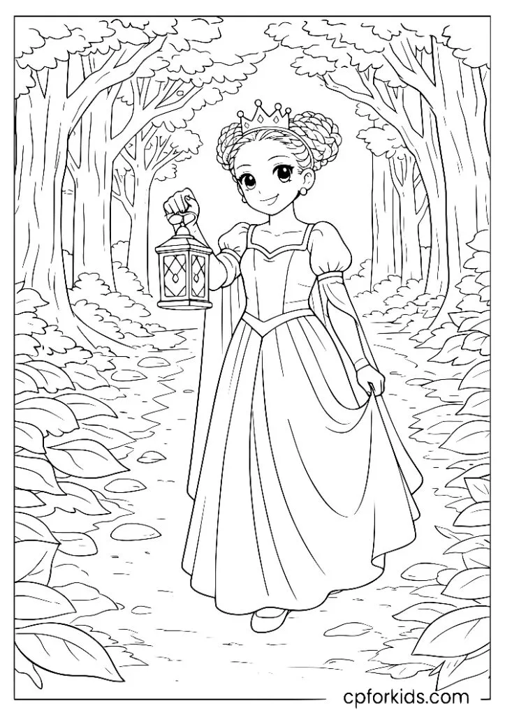 Black princess in a layered medieval gown holding a lantern in a forest