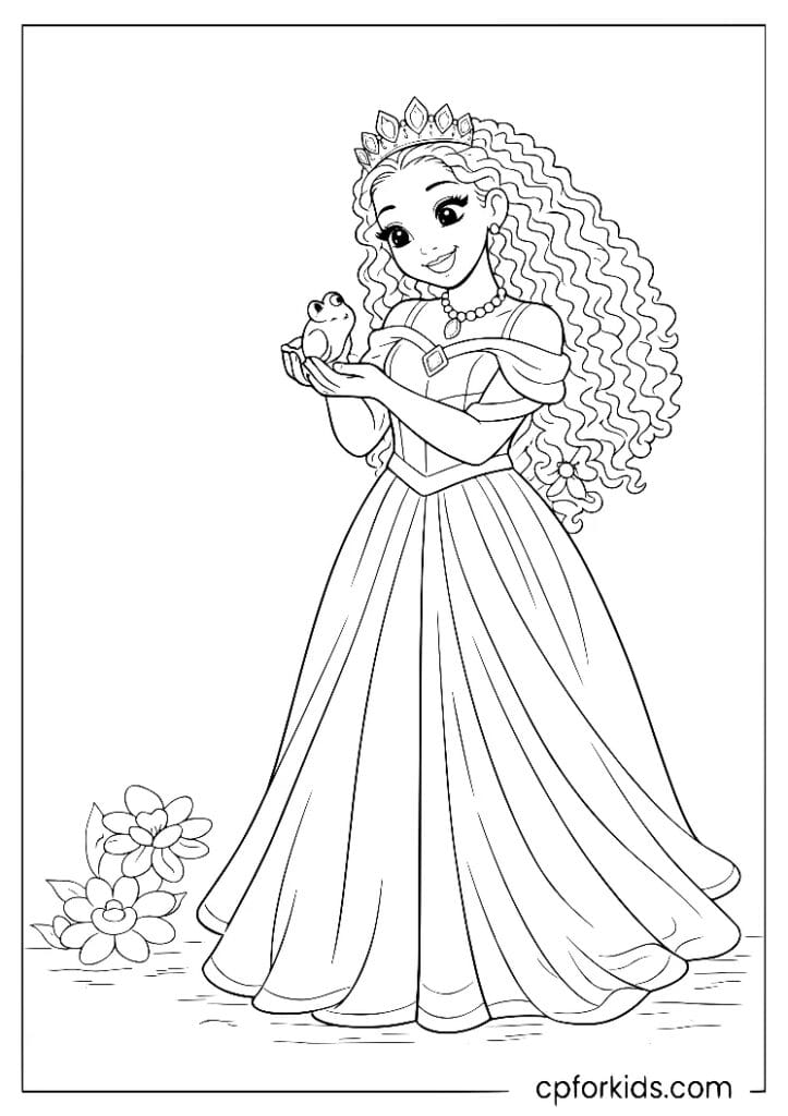 Black princess holding a small frog carefully in both hands