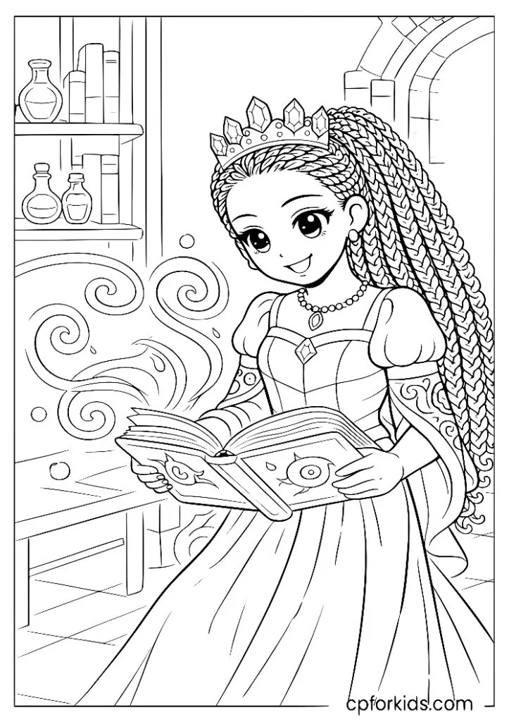 Black princess leaning over a large open spellbook with magical symbols