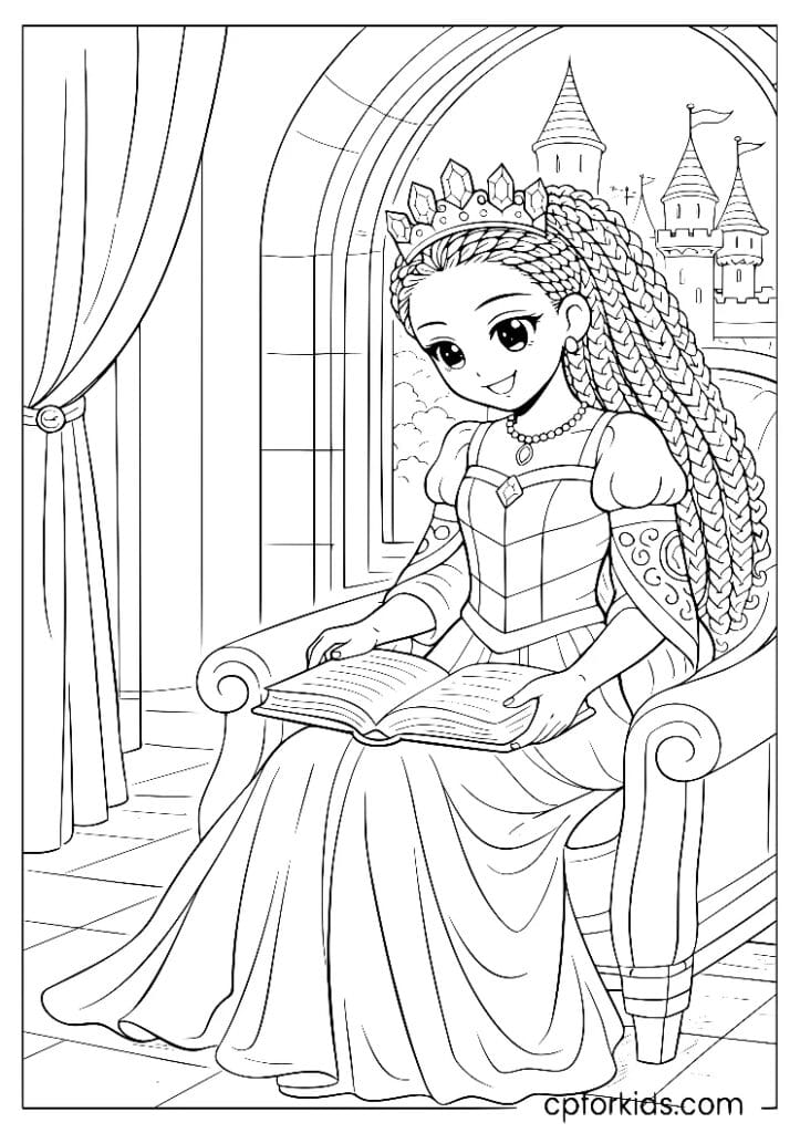 Black princess reading a book by a tall castle window