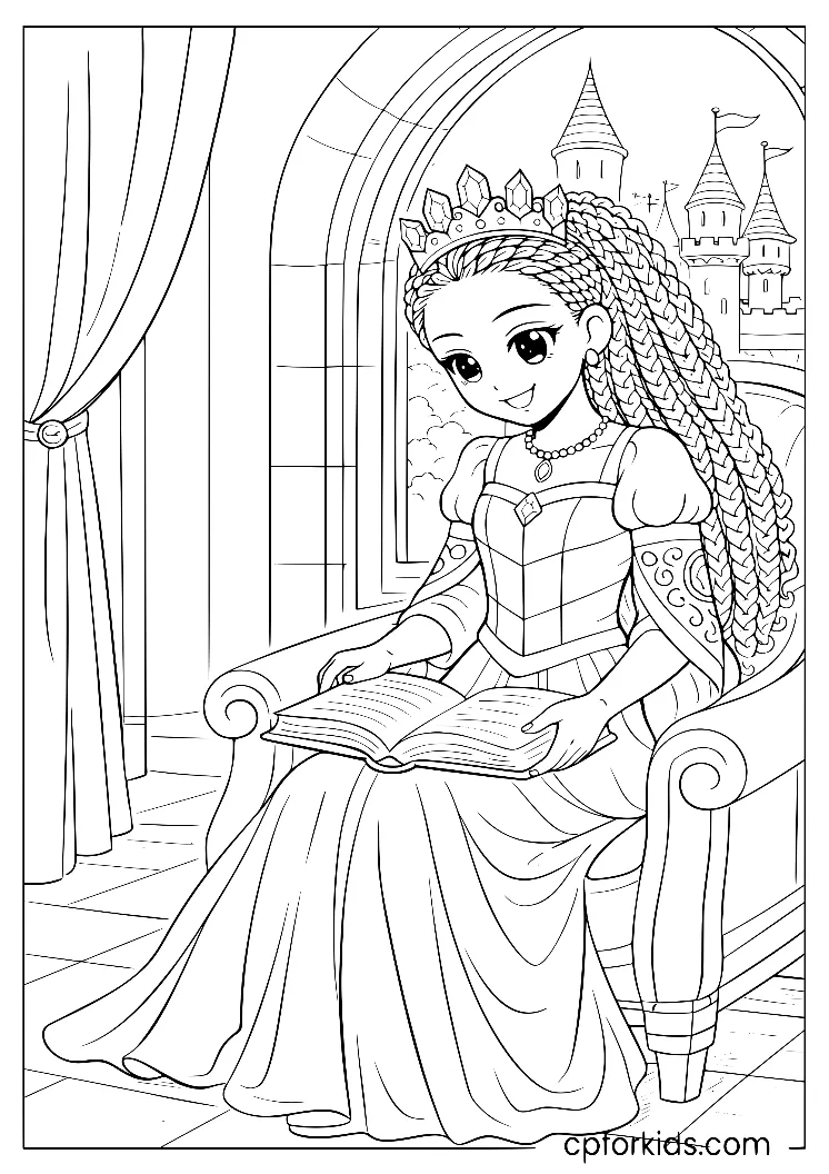 Princess reading a book by a castle window