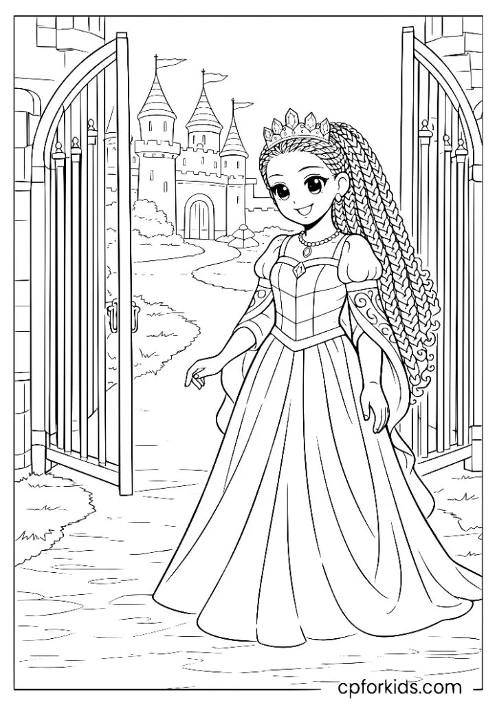 Black princess in a royal gown standing at the entrance of a stone castle gate