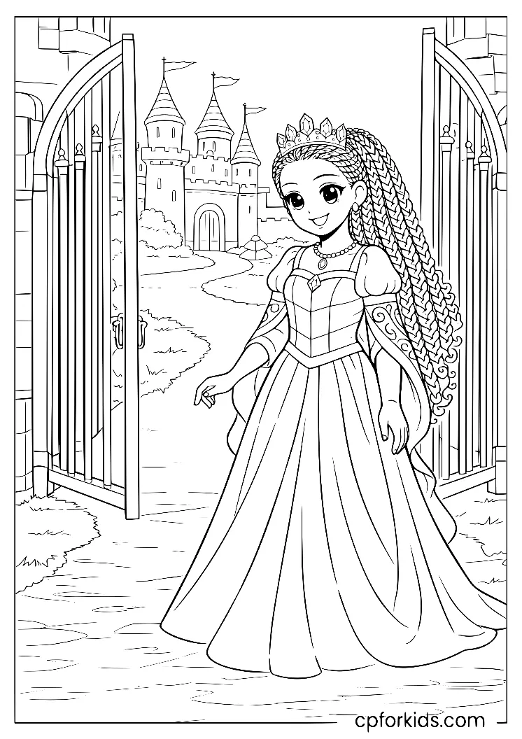 Princess in a royal gown at a castle gate