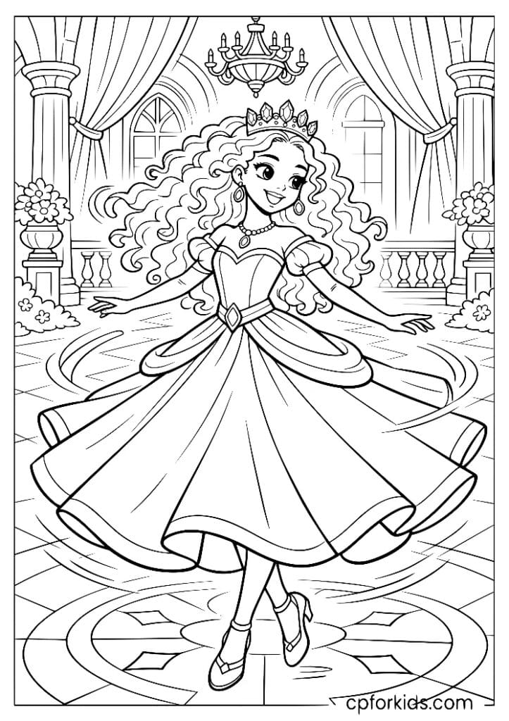 Black princess spinning as her full ball gown fans out around her