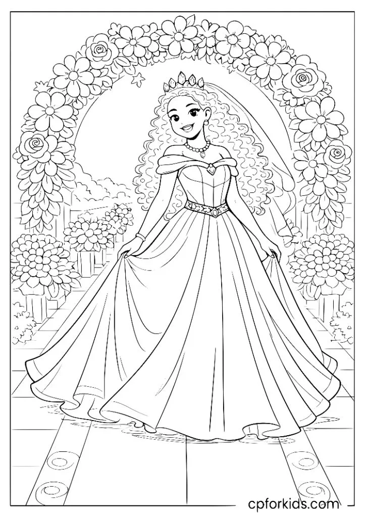 Black princess in a flowing wedding-style gown standing under a floral arch