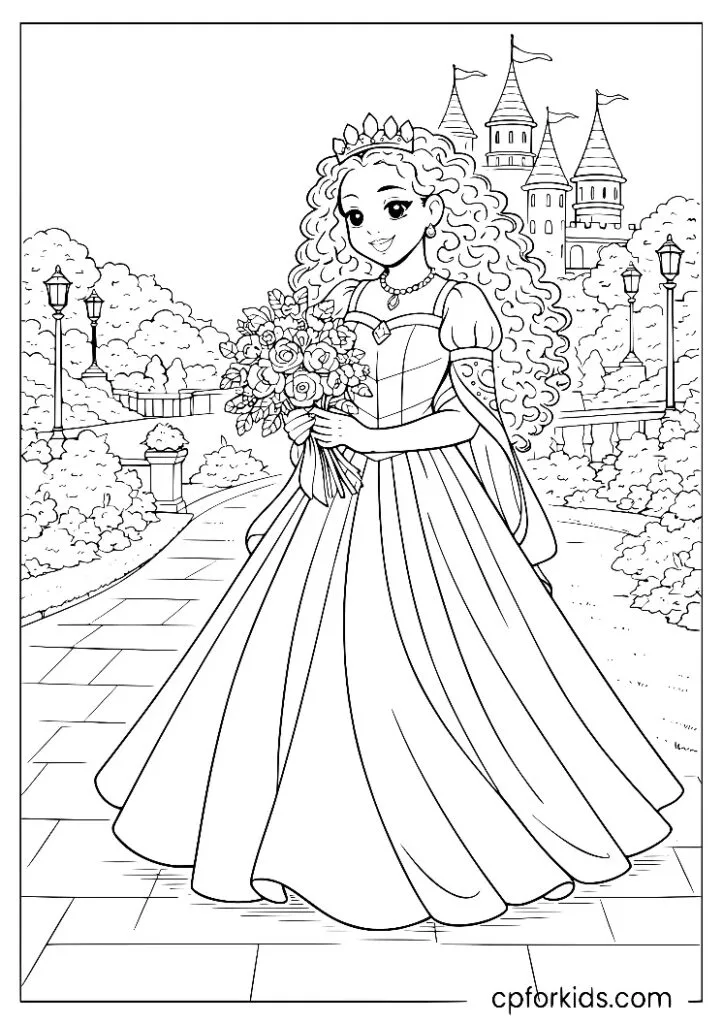 Black princess in a white royal gown holding a bouquet of flowers