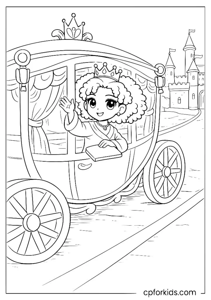 Black princess seated inside an ornate royal carriage looking out the window