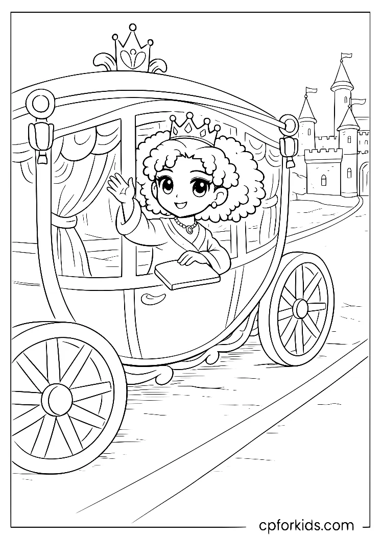 Princess seated inside an ornate royal carriage