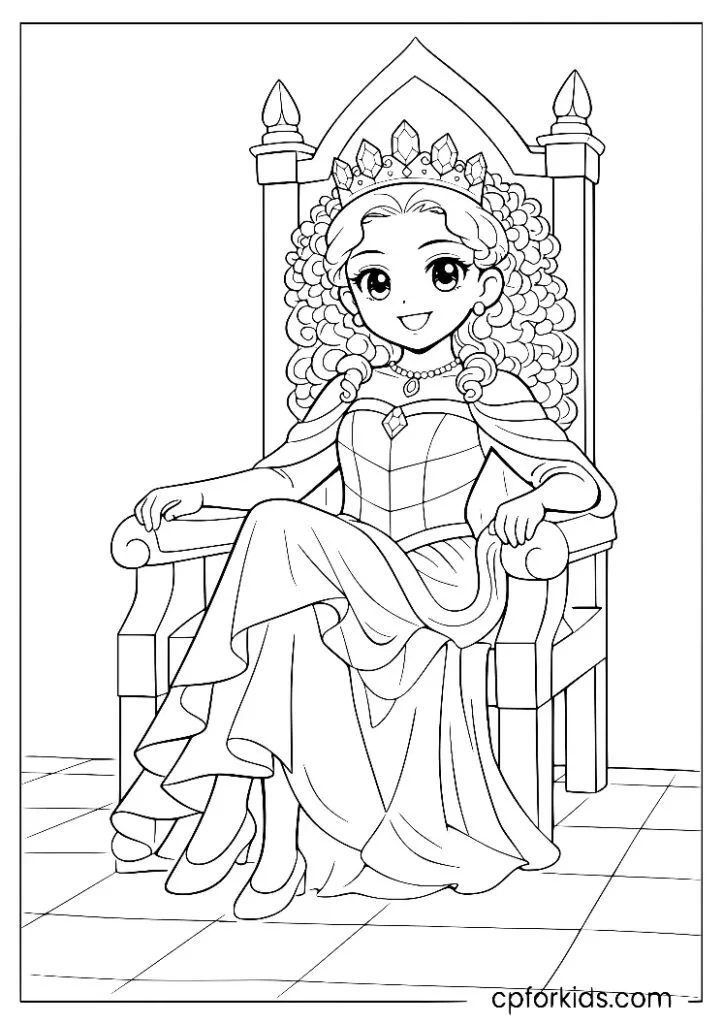 Black princess seated on a grand throne wearing a crown